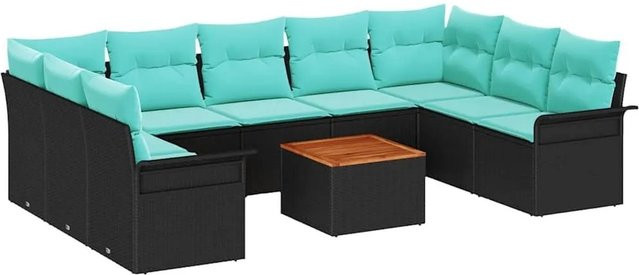 vidaXL Gartensofa-Set aus Poly-Rattan in Schwarz und Türkis mit 10-teiliger L-Form und Polsterung - Bild 1