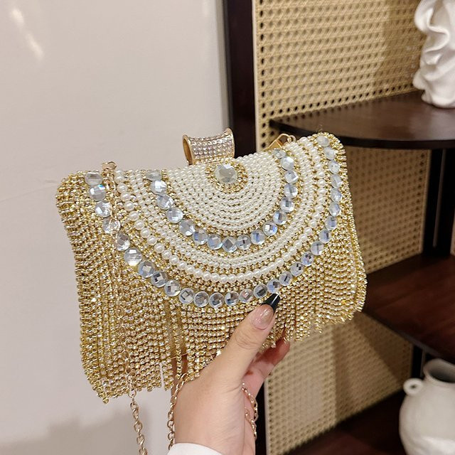 Abendtasche mit Strass, Quaste, Diamanten und Perlen, Metall - Bild 1