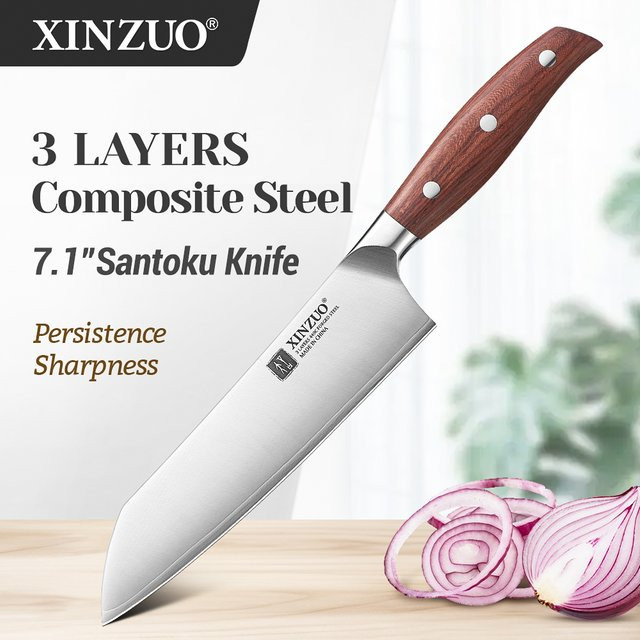 XINZUO Santoku-Messer aus Edelstahl mit 3-Schicht-Verbundstahl und rotem Holzgriff, 18,29 cm - Bild 1
