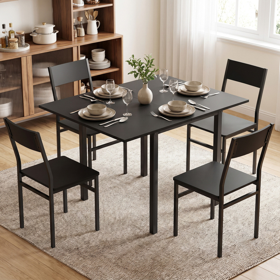 HOMCOM Esszimmer-Set 5-teilig mit ausziehbarem Tisch und 4 stapelbaren Stühlen, modern, Schwarz - Bild 2