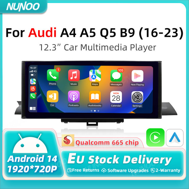 Nunoo Android 14 Wireless Carplay Autoradio für Audi A4 A5 Q5 B9 (2016-2023) mit Touchscreen, WIFI, GPS und Multimedia Stereo in Schwarz - Bild 1