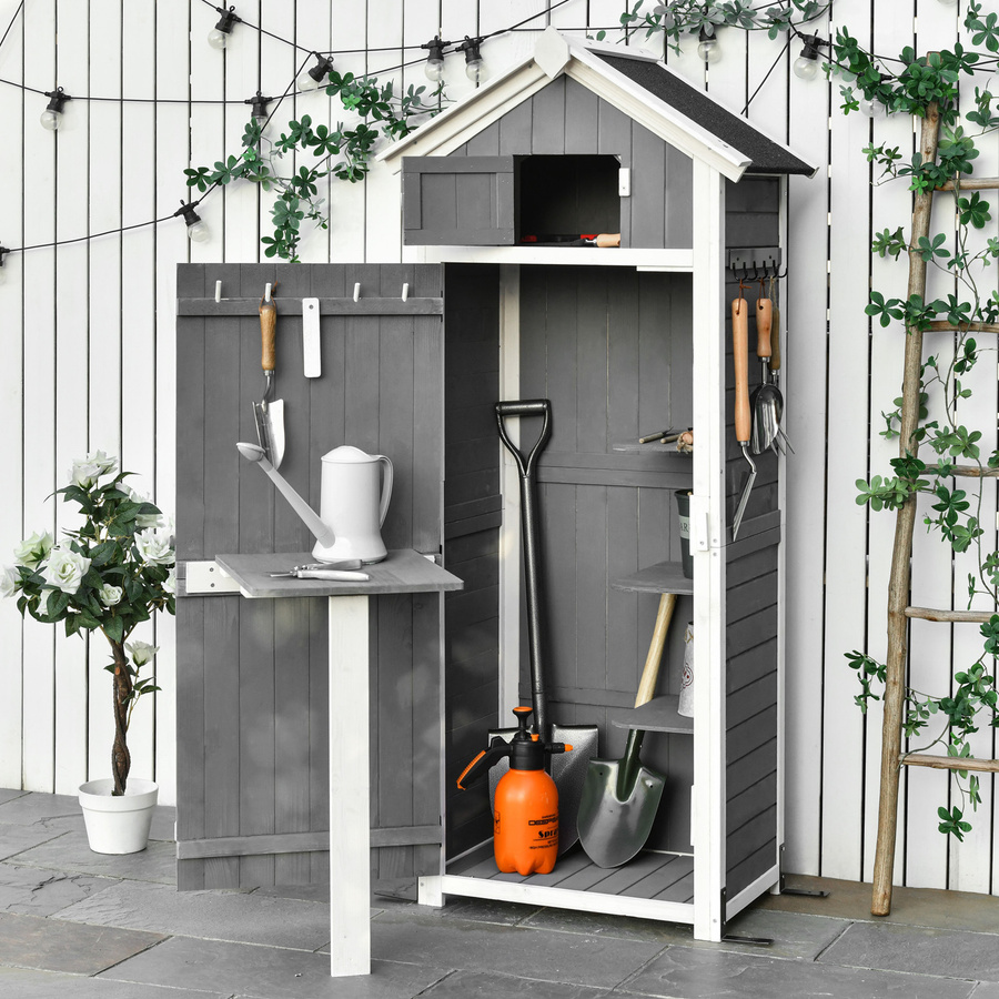 Outsunny Gartenschrank aus Holz mit Tür und Dach in Grau, Geräteschuppen für die Gartenlagerung, B/T/H: 78 x 52,5 x 182 cm - Bild 2