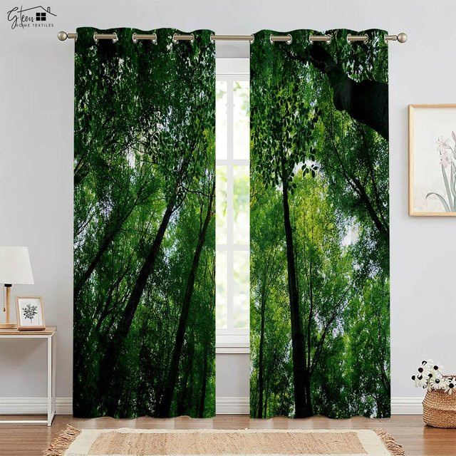 Yiran Furniture Vorhänge mit Natur Wald Landschaft Motiv in Grün, 2er-Set, semi-transparent, B/H: 50 x 130 cm - Bild 1