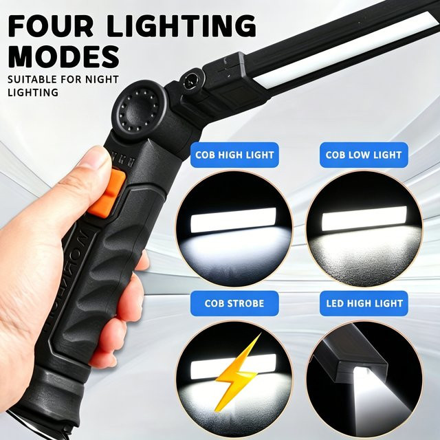 XIWANGFIRE Wiederaufladbare COB LED Arbeitsleuchte in Schwarz mit Magnetfuß, 360° drehbarer Haken und zwei Lampenmodi für Camping, Angeln und zum Lesen - Bild 1