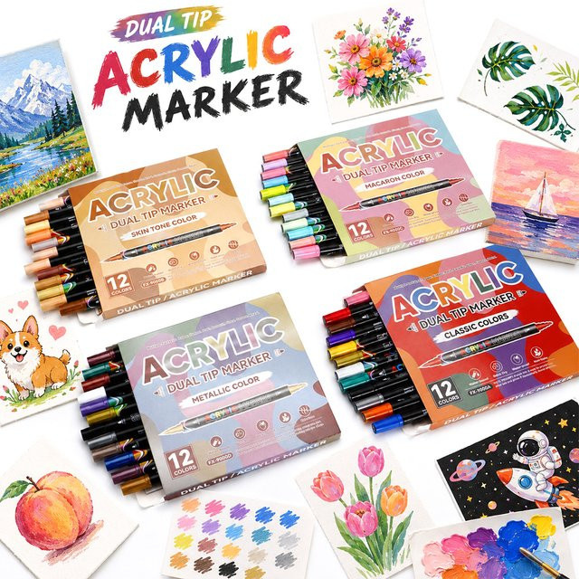 Acryl-Marker-Set mit 12 Farben und Dual-Tip Pinselspitze für Stein, Leinwand, Glas und Metall, wasserfest und schnelltrocknend - Bild 1