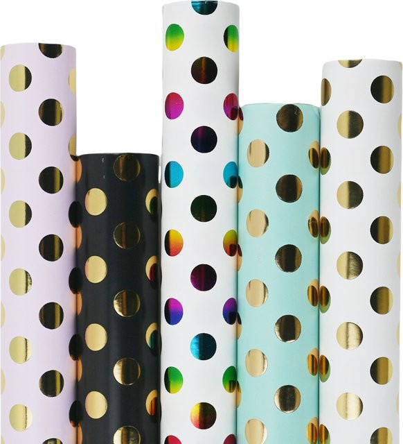 Geschenkpapier mit Punktmuster und Goldfolie für Geburtstag und Hochzeit, 1 Rolle, Farben: Rosa, Weiß, Grün, Schwarz - Bild 1
