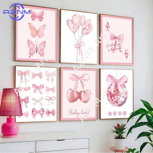 AZNM Leinwandbild Abstract mit Schleife, Kirsche und Discokugel in Pink, rahmenloses Wandbild für dein Wohnzimmer - Bild 1