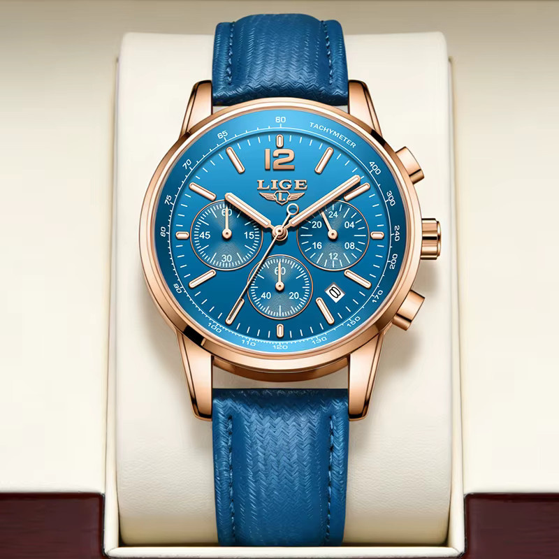 LIGE Armbanduhr Chronograph, Quarz, Leder, Blau, Roségold, Herren - Bild 2