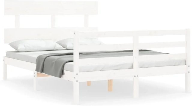 vidaXL Massivholzbett aus Kiefernholz mit Kopfteil in Weiß, rustikaler Stil, B/T/H: 120 x 200 x 81 cm - Bild 1