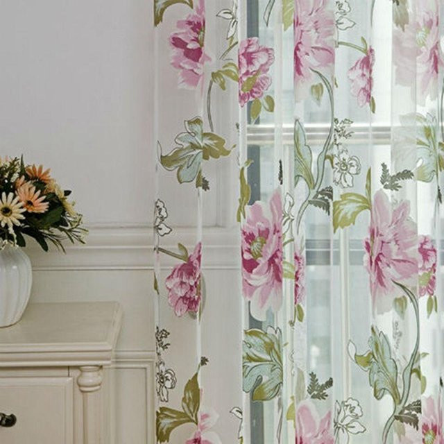 Wanghengch Transparenter Tüll-Vorhang mit Pfingstrosen-Blumenmuster in Rosa und Mehrfarben - Bild 1