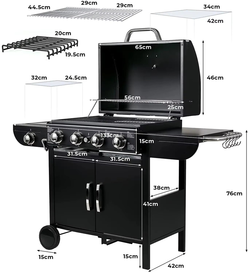 Homfa Gasgrillwagen aus Edelstahl in Schwarz mit Piezo-Zündung, Thermometer und 4 Brennern à 1000 BTU / 2,93 kW für Garten und Camping - Bild 2