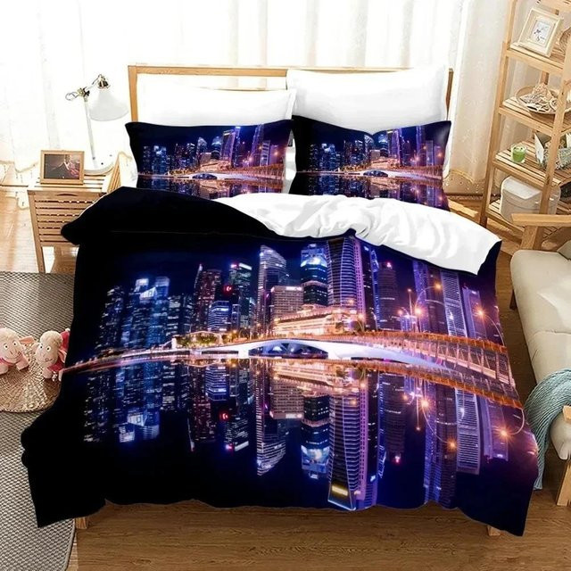 Bettwäsche Set Lodestar New York City Nachtansicht mit Bettbezug und Kissenbezügen aus Mikrofaser, Blau, B/H: 135 x 200 cm - Bild 1