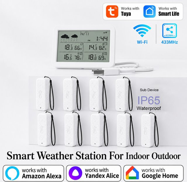 Tuya WiFi Wetterstation RF433 IP65 Wasserdichter Außentemperatur- und Feuchtigkeitssensor in Weiß - Bild 1
