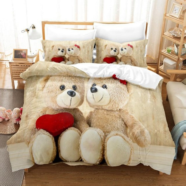 Jinmeige Cartoon-Bären Bettwäsche-Set aus Mikrofaser in Beige mit Teddybär-Motiv, B/H: 135 x 200 cm - Bild 1