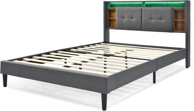 okwish Polsterbett Grau mit USB-Anschluss, LED-Beleuchtung und Stauraum, B/T/H: 140 x 200 x 107 cm - Bild 1