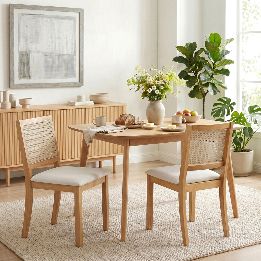 HOMCOM 2er-Set Esszimmerstühle mit Rattan-Optik und Leinenoptik-Stoff in Beige und Eiche, Gestell aus massivem Gummibaumholz - Bild 2