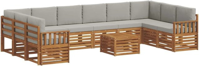 vidaXL Sofagarnitur 11-teilig L-Form aus Massivholz Akazie in Natur und Hellgrau mit Polsterung und Armlehnen - Bild 1