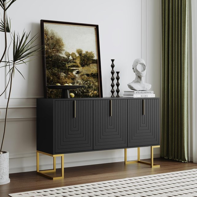 Flieks Sideboard Kommode mit 3 Türen in Schwarz, moderner Buffetschrank mit verstellbaren Ablagen, B/T/H: 138 x 40 x 80,5 cm - Bild 1