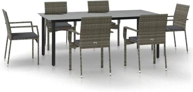 vidaXL 7-teilige Garten-Essgruppe aus Poly Rattan mit Kissen und Glastisch in Schwarz und Grau - Bild 1