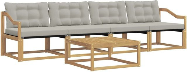vidaXL Outdoor-Sofagarnitur aus Akazienholz mit Textilene-Polstern und Kissen, 5-teiliges Set in Weiß und Grau, B/T/H: 79 x 79 x 37 cm - Bild 1