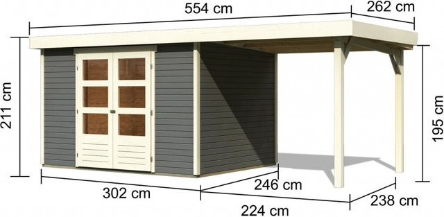 Gartenhaus ASKOLA 5 in Terragrau mit 240 m Anbaudach, Wandstärke 19 mm, B: 302 cm, T: 246 cm - Bild 1