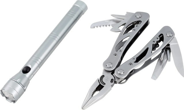 LUX-TOOLS Multitoolset 12-in-1 in Schwarz-Silber mit Schraubendrehern, Zangen, Messer und Säge - Bild 1