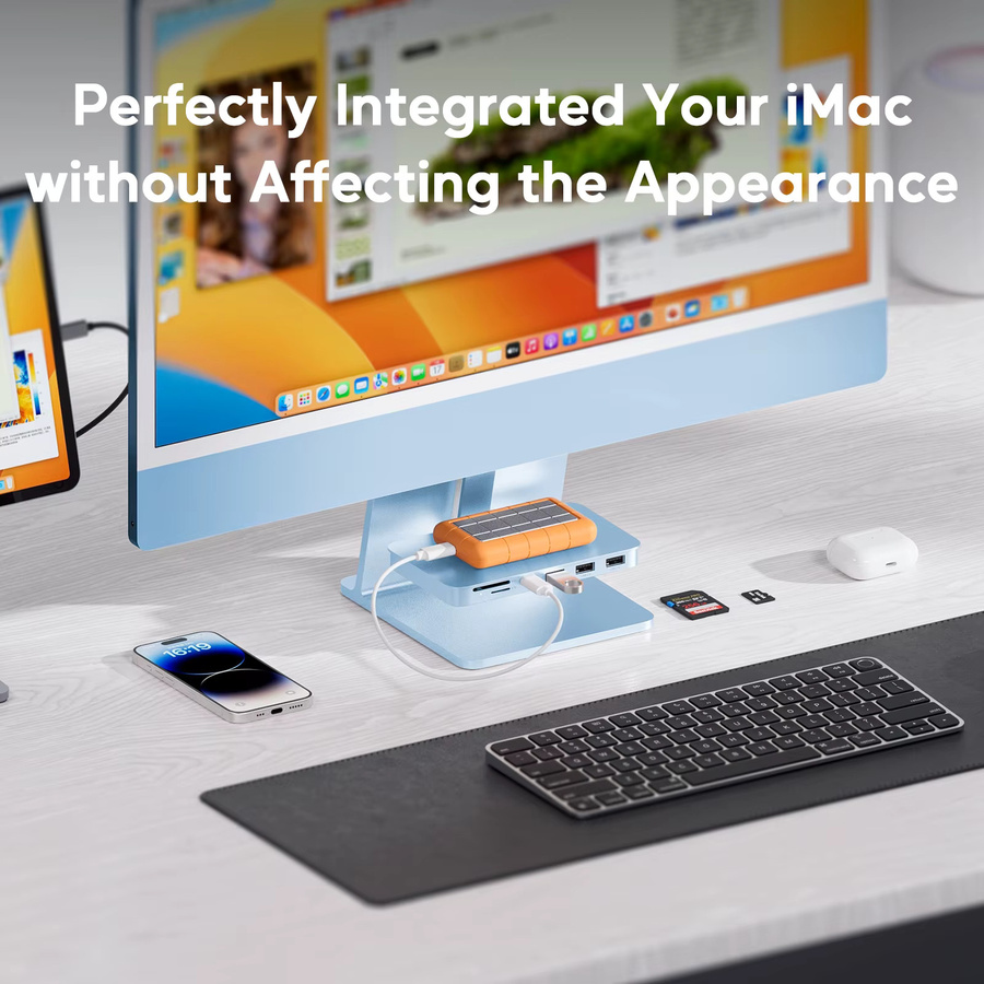 PULWTOP USB-C-Hub für iMac 24 Zoll und Studio Display mit USB-A, USB-C 10Gbps sowie SD/TF-Kartenslot in Blau - Bild 3