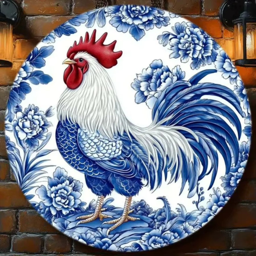 CIFBUY Wandkunst Hahn aus Aluminium in Blau-Weiß mit floralem Design als dekorative Wandplatte - Bild 2