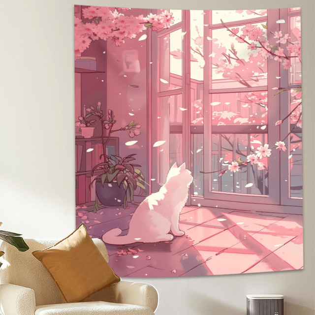 VIKAMA Wandbehang Kirschblüten-Szene in Pink, floraler Wandteppich für Schlafzimmer und Büro, B/H: 60 x 40 cm - Bild 1