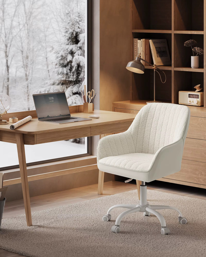 SONGMICS Drehstuhl für Erwachsene in Beige und Weiß aus Sherpa und Kunstleder mit Schaumstoffpolsterung und Rollen - Bild 3