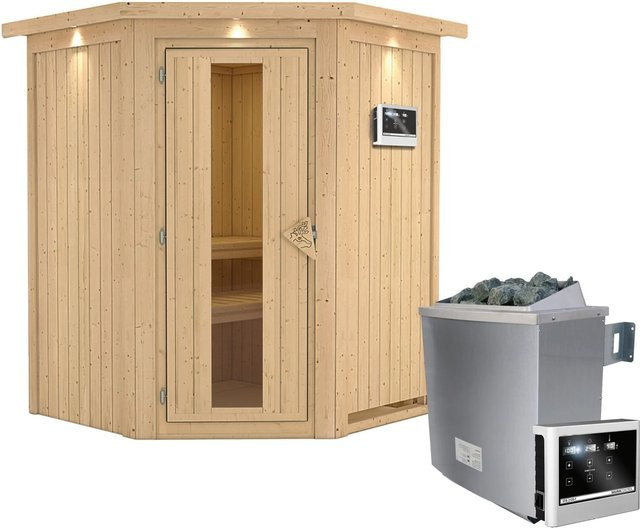 Karibu Sauna LARIN aus Espe und Fichte mit 9,0 kW Ofen, externem Steuergerät, Dachkranz und Energiespartür, Farbe: Beige, B/T/H: 151 x 151 x 198 cm - Bild 1
