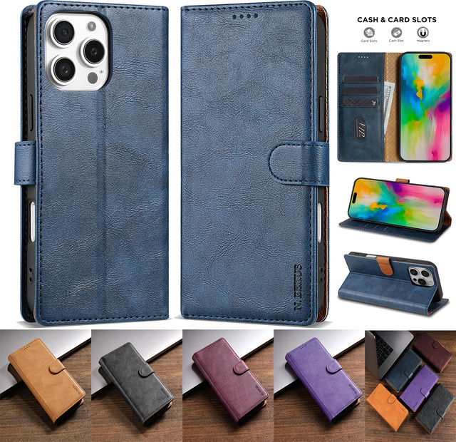 Luxus Business Brieftasche aus Leder für iPhone 17 16 15 14 13 12 11 Pro Max Plus SE3 mit magnetischem Flip und Kartenfächern in Blau - Bild 1
