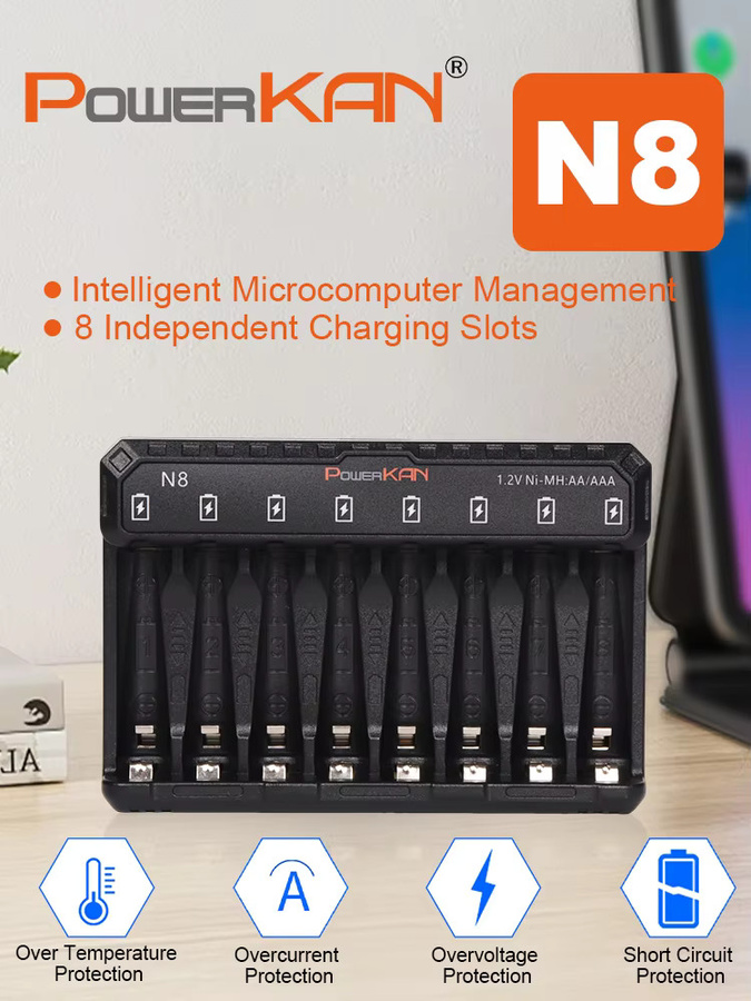 POWERKAN N8 Batterieladegerät in Schwarz mit LED-Anzeige für 8 Ni-MH und Ni-Cd Akkus (AA/AAA) via USB-C - Bild 3