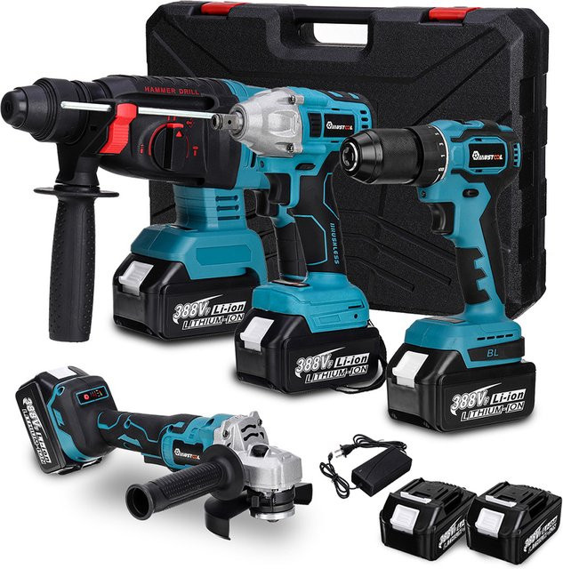 Drillpro 4-in-1 Elektrowerkzeug-Set in Blau mit 2 Akkus: Elektroschrauber, Bohrhammer 13mm, Bohrmaschine und Winkelschleifer 125mm mit 800N.m - Bild 1