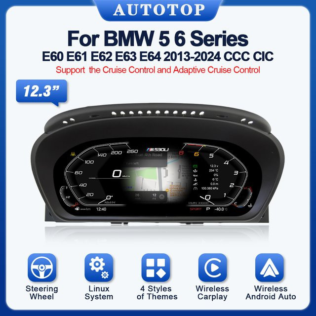 AUTOTOP Digitales Display Cluster 12,3 Zoll für BMW 5er und 6er Serie E60 E61 E63 E64 mit Wireless CarPlay und Android Auto in Schwarz - Bild 1