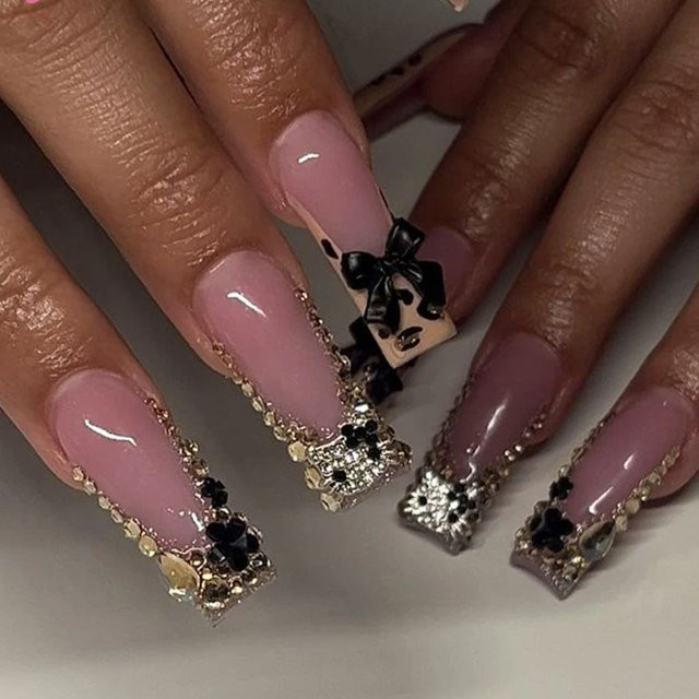 Sanrio Künstliche Nägel, Leoparden-French-Nail-Art, Schwarz, Glänzend, 24 Stück - Bild 1