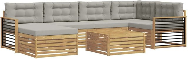 vidaXL Outdoor-Sofagarnitur in L-Form aus Akazienholz mit 7 Kissen in Weiß und Hellgrau - Bild 1