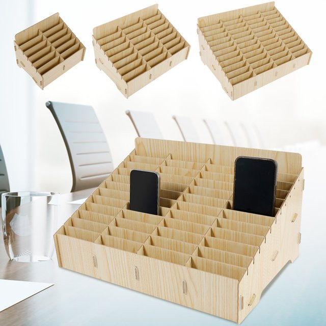 Multifunktionale Handy-Aufbewahrungsbox aus Holz mit 12/48 Gitterfächern als Desktop-Organizer für das Büro oder das Klassenzimmer - Bild 1