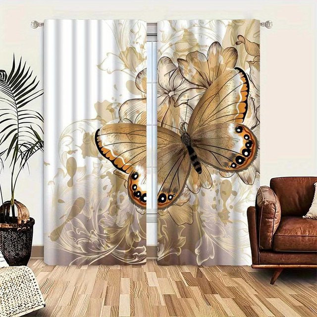 2er-Set Elegante Vorhänge mit Schmetterlings- und Blumendruck im Vintage-Stil aus Baumwollmischgewebe, Semitransparent, Mehrfarbig - Bild 1