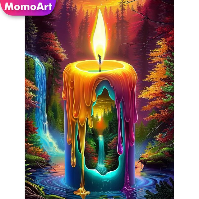 Momoart DIY Diamant-Mosaik Landschafts-Kerzen-Strass-Gemälde mit Baum und Wasserfall, Multicolour, B/H: 30 x 30 cm - Bild 1