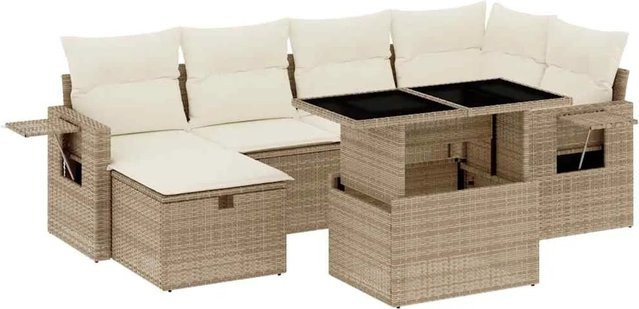 vidaXL 7-teilige Garten-Sofagarnitur in L-Form aus Poly-Rattan mit Kissen in Beige-Creme - Bild 1