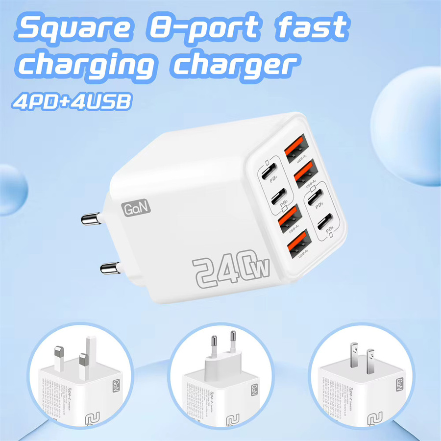 8-in-1 GaN Desktop USB-Ladegerät 240W mit 4 PD und 4 USB Anschlüssen in Schwarz für iPhone, Samsung und Xiaomi Schnelllade-Netzadapter - Bild 2