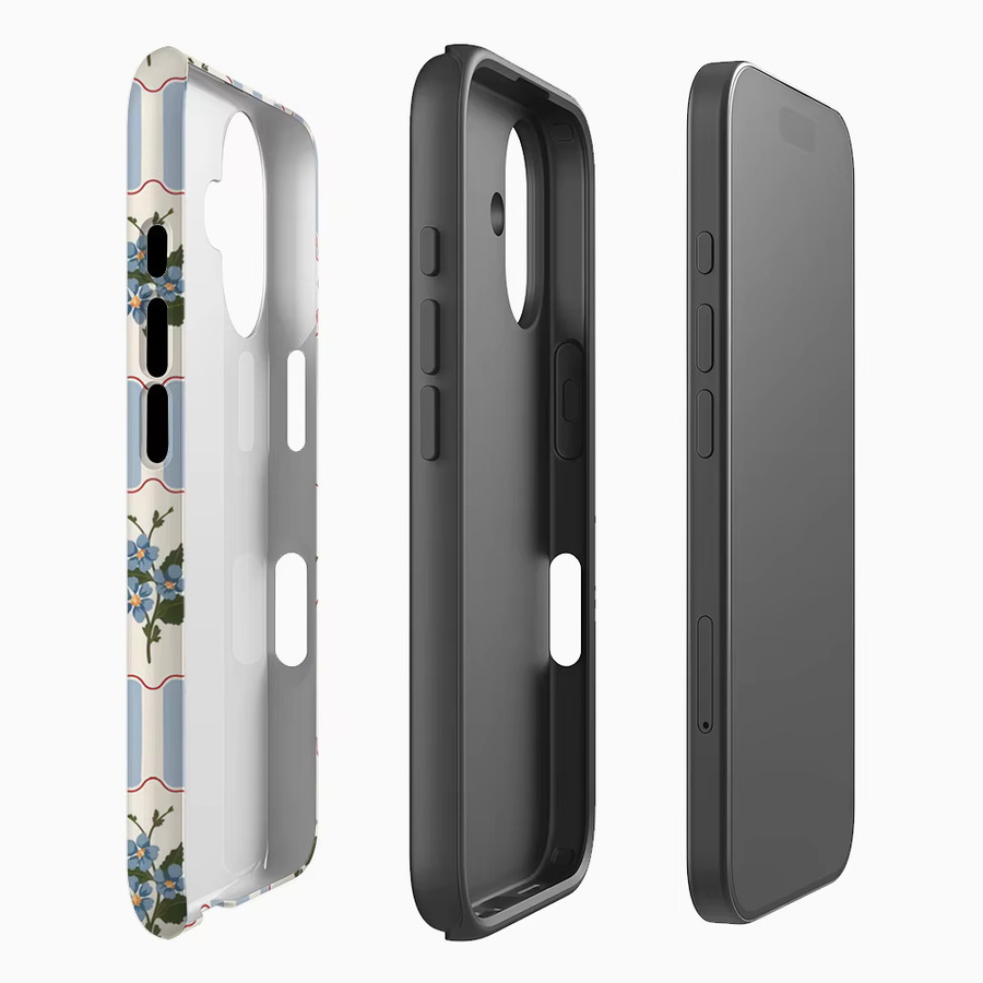Handyhülle mit blau-weißen Streifen und blauem Blumenmuster für Apple iPhone 17 16 15 14 13 12 Pro Max Plus mit doppellagiger Rückseite in Blau und Weiß - Bild 2