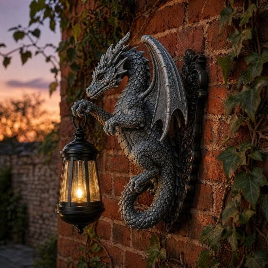 WillowEagle Solar Drache Wandleuchte Außen Vintage Harz Skulptur in Bronze und Schwarz mit LED und Dämmerungssensor - Bild 2