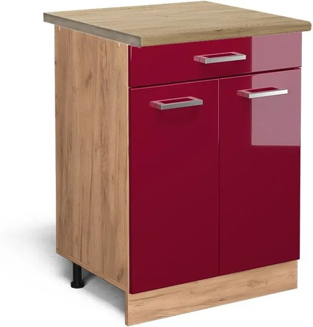 Vicco Küchenunterschrank R-Line in Bordeaux Hochglanz und Eiche mit Schubladen, B/T/H: 60 x 60 x 81,6 cm - Bild 1