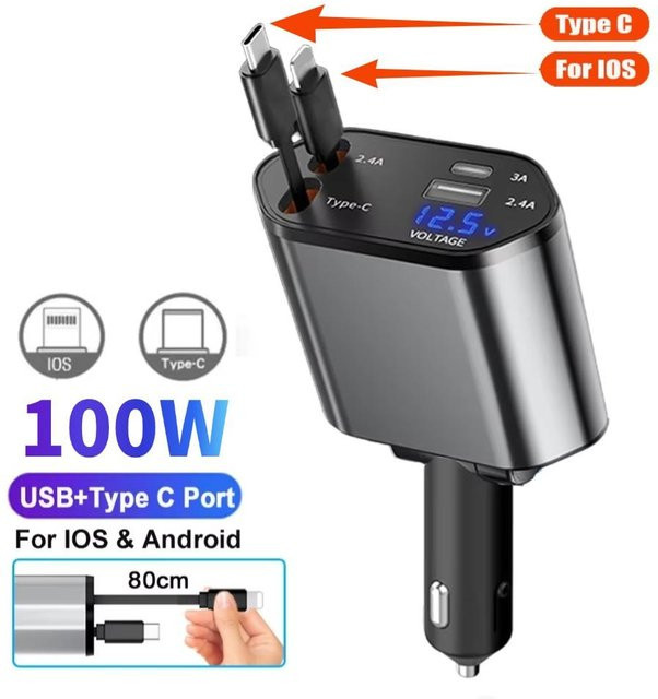 YJMP 100W Autoladegerät mit USB-C und USB-A, superschnelles Aufladen mit einziehbarem Kabel und Spannungsanzeige für iPhone, Huawei und Samsung - Bild 1