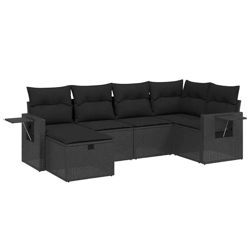 vidaXL 6-tlg Garten-Sofagarnitur in L-Form aus schwarzem Poly-Rattan mit UV-beständigen Kissen und pulverbeschichtetem Stahlgestell - Bild 2