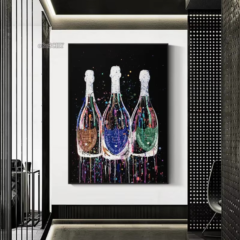 Potdemiel Leinwandbild Champagner Flasche Abstract Kunst Druck Multicolour Wanddeko für Bar und Esszimmer - Bild 2