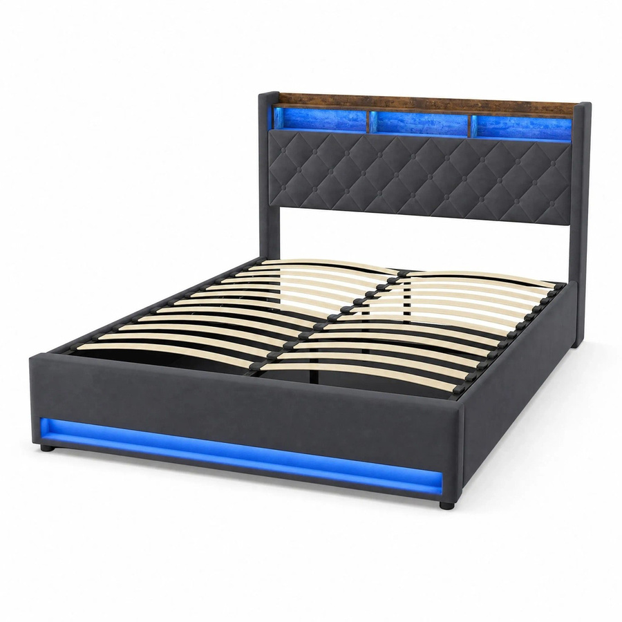 okwish Polsterbett mit LED-Beleuchtung, USB-Steckdose und integrierter Leselampe in Grau, B/T/H: 160 x 200 x 117 cm - Bild 2