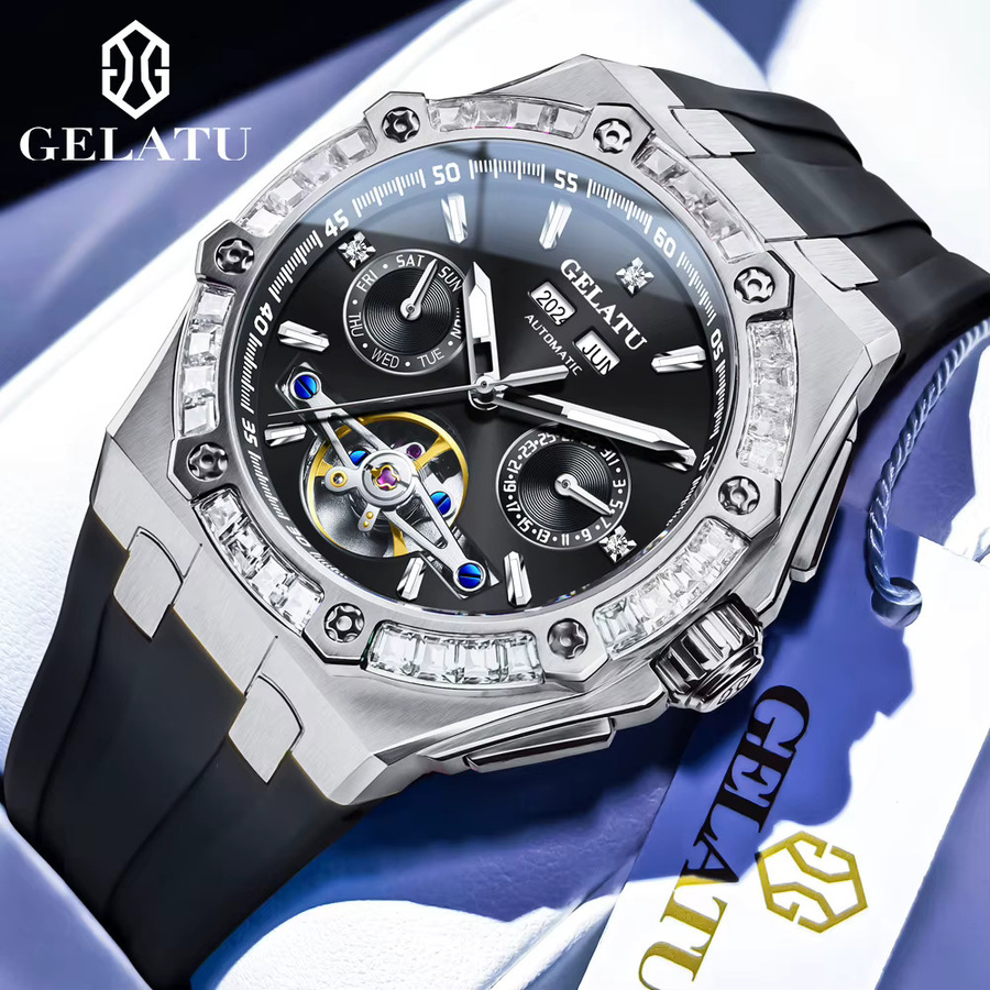 GELATU Armbanduhr, Automatik, Diamantbesetzt, Mondphase, Silikon, Herren - Bild 4